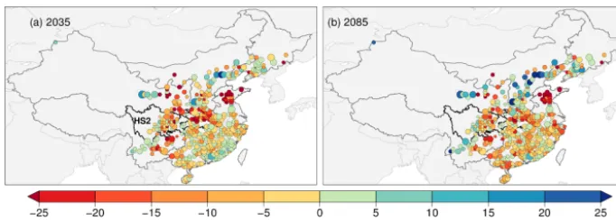 Figure 6. Medians of relative DHP changes for present reservoirs in China across the ensemble of GCM-GHM combinations for 2020–2050 (a) and for 2070–2099 (b) under RCP8.5