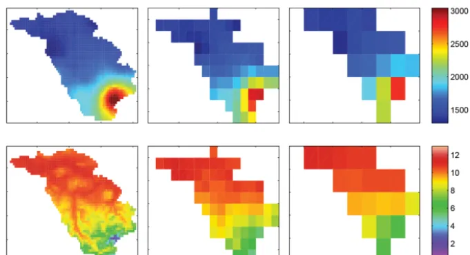Figure 3. Upper panels: the precipitation sum in the Thur catchment over the full model period (1 August 2002–31 August 2003) shown fordifferent resolutions (f.l.t.r.: 1 km × 1 km, 5 km × 5 km, 10 km × 10 km)