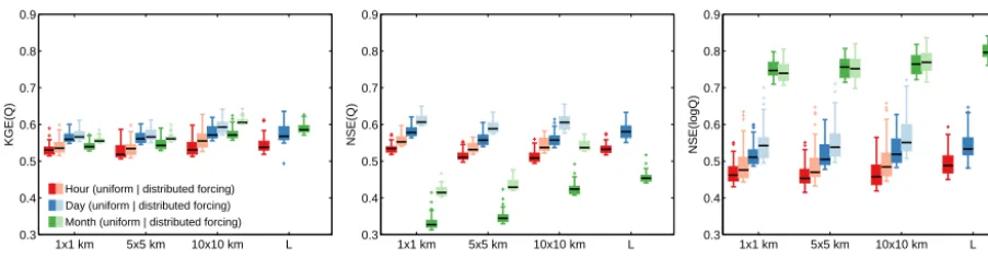 Figure 6. Model performance of the behavioural sets for different temporal resolutions and different spatial resolutions