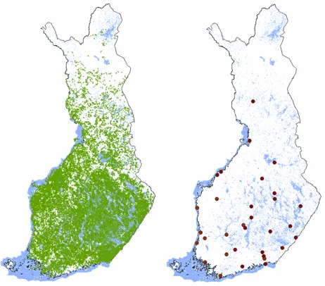 Figure 1. The coverage of forest biomass collection points at the left side map 