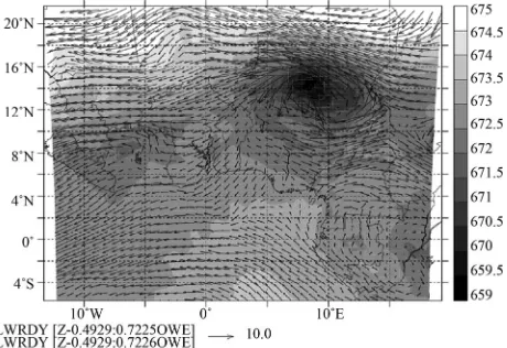 Figure 2. The 650 hPa wind (m·s−shaded) fields simulated by the MAR at 12:00 UT during 21 August 1992.1; vector) and pressure (hPa,   