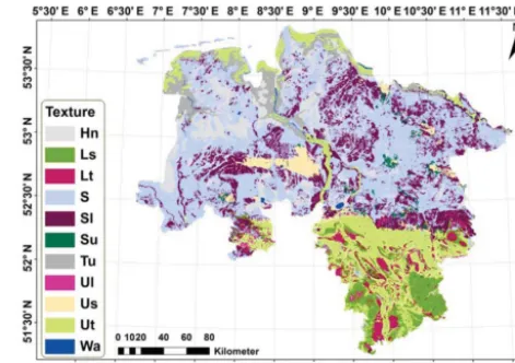 Figure 1. Soil map of Lower Saxony, Germany (Boess et al., 2004).Ls is sandy loam, Lt is clayey loam, S is sand, Sl is loamy sand, Suis silty sand, Tu is silty clay, Ul is loamy silt, Us is sandy silt, Ut isclayey silt; see Table 1