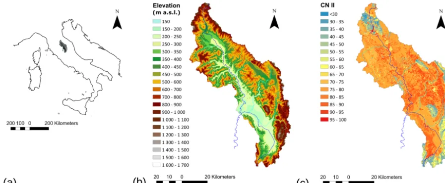 Figure 2. Maps showing (a) the location of the Upper Tiber river basin within the Italian Peninsula, (b) DEM of the watershed and (c) ﬁne-scale land classiﬁcation according to the CN II parameter.