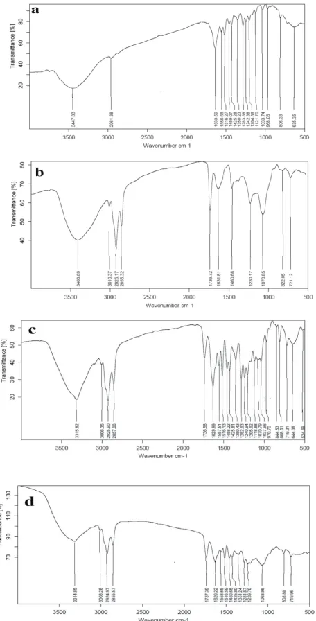 Fig. 2: FTIR spectra of capsaicin, phospholipids, physical mixture and phospholipid complexFTIR spectra of (a) free capsaicin, (b) phospholipids (c) capsaicin and phospholipid physical mixture (1:2) and (d) capsaicin and phospholipid complex (1:2)