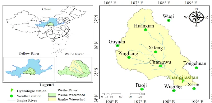 Figure 1. Location of hydrological and meteorological stations along the Jinghe River.
