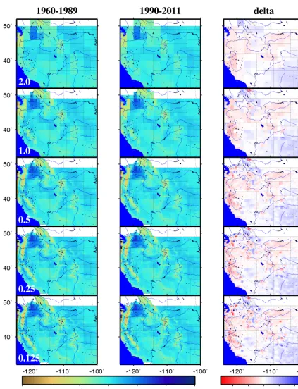 Figure 3. Mean precipitation bias, measured as the difference between reanalysis and observations for the calibration (1960–1989) and vali-dation (1990–2011) periods, and the difference in bias between the two periods