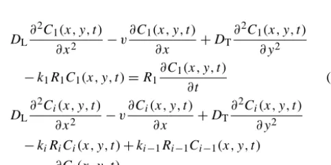 Fig. 1. A steady and uniform velocity in the x direction isconsidered in Fig. 1. The governing equations describingtwo-dimensional reactive transport of the decaying contam-