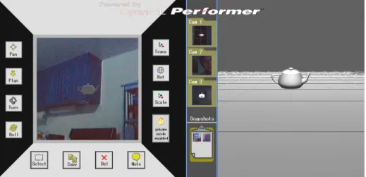 Fig. 1. Initial client interface with main augmented video feed and interaction (left),  supplementary video feeds and snapshots (center column), and a separate 3D interaction 