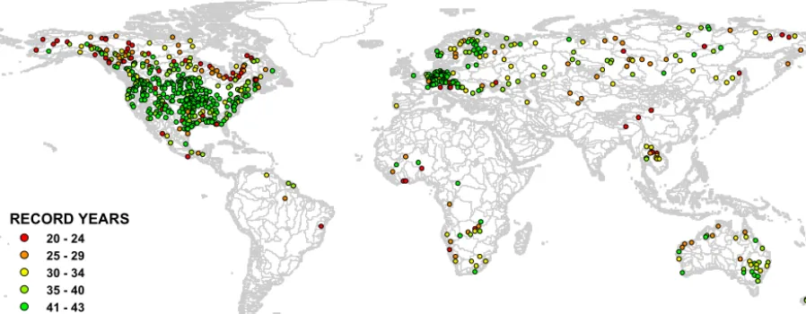 Figure 1. Location of 691 selected GRDC stations with the corresponding number of years per station