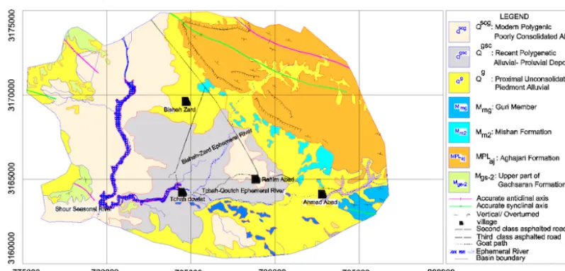 Figure 2. Geological map of the Gareh Bygone Plain and the upper basin (Bisheh Zard).   