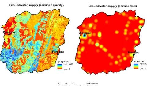 Figure 6. Spatial distribution of mean annual values of service ca-pacity and service ﬂow of surface water supply in the Upper Ouéméwatershed from 2001 to 2012.