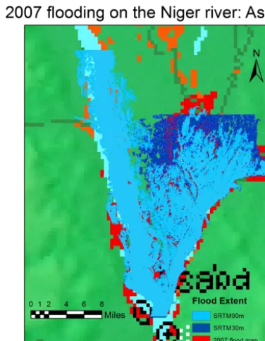 Figure 4. Model simulation result of ﬂooding on the NigerRiver (2007) using SRTM topographic data.