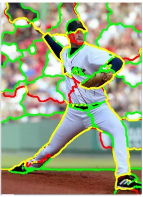 Figure 4.5: Two segmentations of an image, 10 and 40 segments. Red lines indicatesegment boundaries for 10 segments, green lines indicate boundaries for 40 segments,and yellow indicates boundaries common to both segmentations (best viewed incolor).