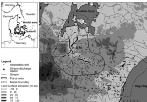 Figure 1. Model area of the Langvad Stream catchment area withland surface elevation, streams, abstraction wells and location ofthe main well ﬁelds in the focus area (the clusters of wells along thestreams).