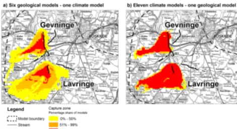 Figure 9. Uncertainty of catchment areas for two well ﬁelds us-ing (a) six geological models with the same climate model, and (b)11 climate models with the same geological model.
