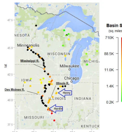 Figure 2. River gauges for which the North Central RiverForecast Center publishes forecasts daily
