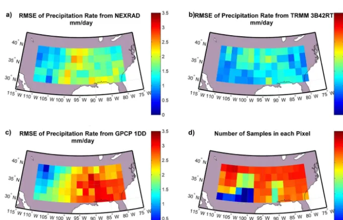Figure 5. RMSE of the precipitation rate estimated from TC using triplets in group 1; (a) NEXRAD, (b) TRMM 3B42RT, (c) GPI