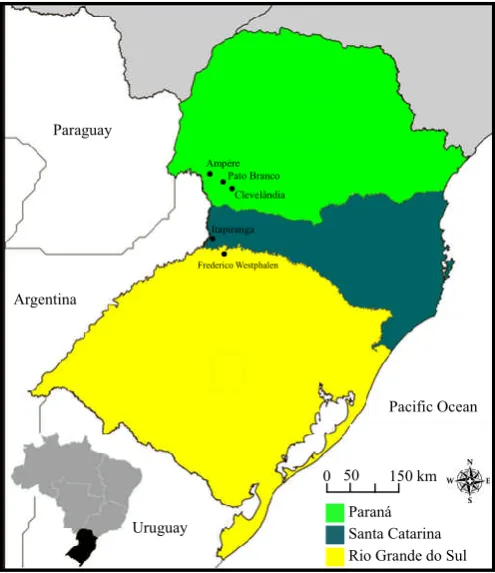 Figure 1. Geographical location of environments where the trial were conducted. You can observe the southern region of Brazil, highlighted in black on the bottom map and the three states where the trials were conducted highlighted in colors on the main map  