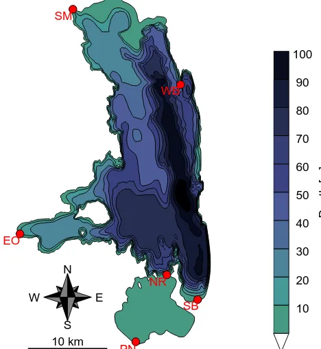 Figure 1. Flathead Lake: bathymetry map and location of pressureand water level measurement sites (red circles), referred to in thetext.