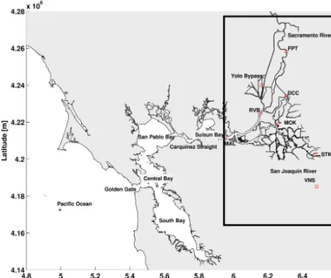 Figure 1. Location of the San Francisco Bay–Delta. The black rect-angle highlights the Delta, and the red squares indicate measure-ment stations.