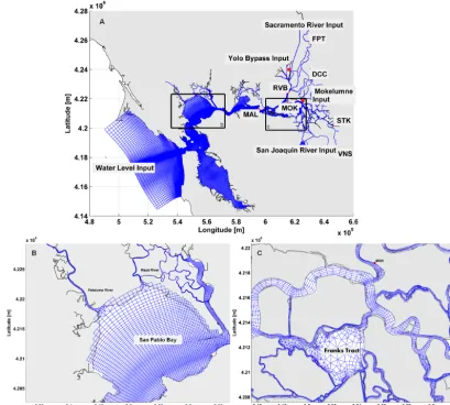 Figure 2. Numerical mesh for the D3D FM model. Red dots indicate the calibration stations (http://san-francisco-bay-delta-model.unesco-ihe.org/)
