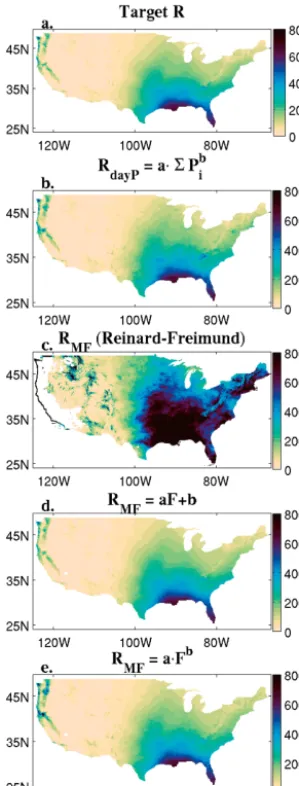 Figure 3. Overview of observational estimates of(c)ing the published formula of Reinard and Freimund.calculated by regression from annual modiﬁed Fournier indexusing the formula(d) R