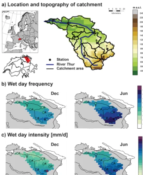 Figure 1. (a) The catchment of the river Thur, located in north-eastern Switzerland, together with the underlying topography (inm a.s.l.)