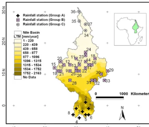 Figure 1. Locations of the selected meteorological stations (see Ta-ble 1 for details) in the Nile Basin; the background is based on thelong-term mean (LTM) of annual rainfall.