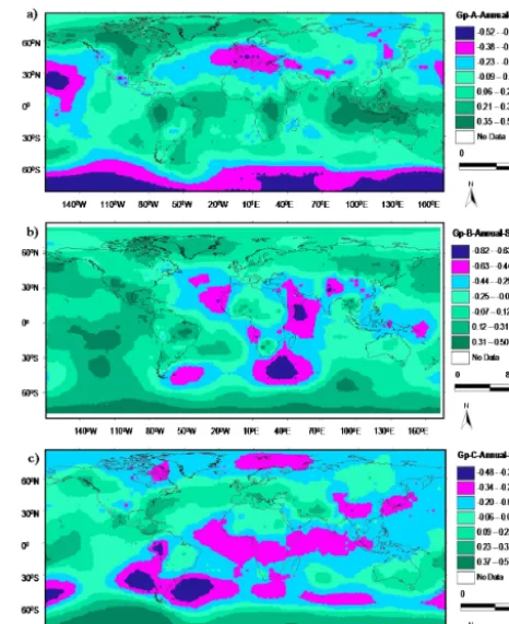 Figure 5 shows locations over which possible inﬂuences fortemporal variability of rainfall quantiles (QPM results) in theNile Basin originate as determined using HadSPL2 data