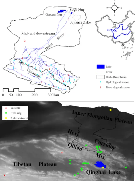 Figure 1. Location of the Heihe River basin and locations of icecore, tree ring and lake sediment data.