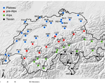 Figure 1. Map of the 59 analysed stations in Switzerland divided into four regions: Plateau, pre-Alps, Alps and Tessin