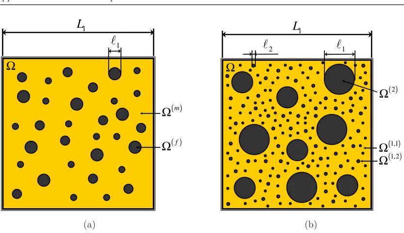 Figure 3.4: Schematic of rigidly-reinforcedﬁber concentration particulate systems. (a) Single-scale composite P0 with rigid- 푐(푓) = ∣Ω(푓)∣/∣Ω∣