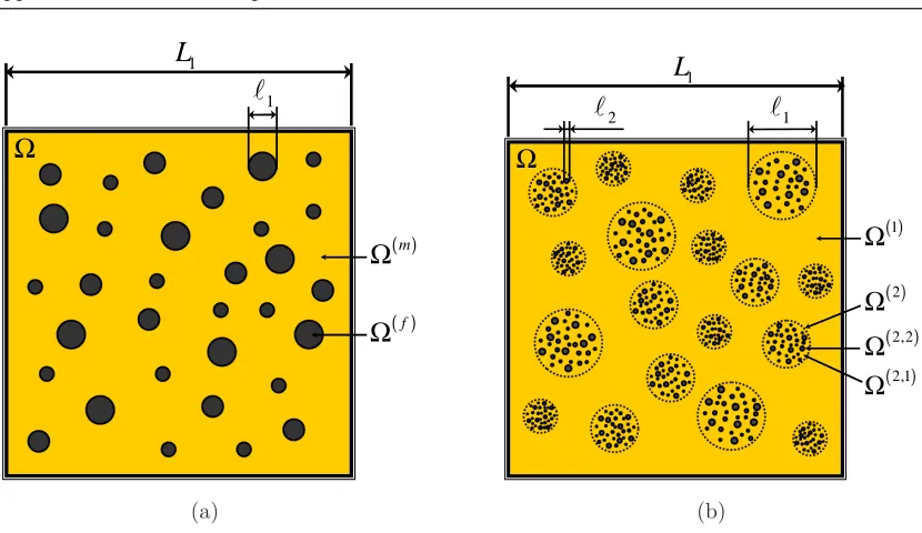 Figure 3.1: Schematic of rigidly-reinforcedﬁber concentration particulate systems. (a) Single-scale composite P0 with rigid- 푐(푓) = ∣Ω(푓)∣/∣Ω∣