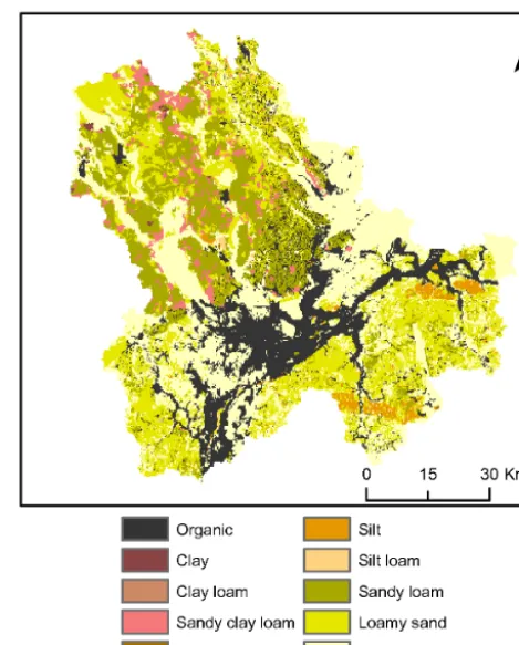 Figure 3. Land use in the study area. Land-use classes are the sameas used in the WetSpa model, deﬁned by International Geosphere–Biosphere Programme classiﬁcation system.