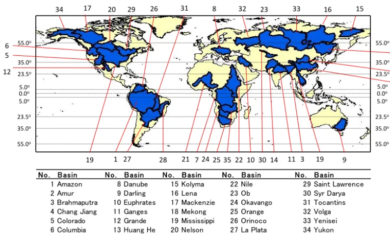 Figure 2. Location of the basins included in the analysis with an assigned identiﬁcation number