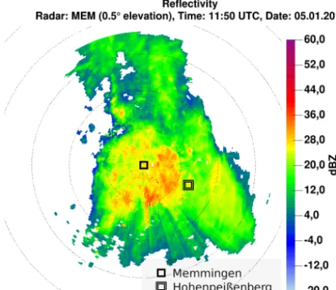 Figure 14. PPI of the hydrometeor classiﬁcation at an elevation of0.5◦ for the Memmingen radar at 11:50 UTC