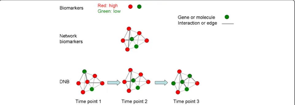 Figure 1 Biomarkers, network biomarkers and dynamical network biomarkers. Biomarkers provide one dimensional information, whilenetwork biomarkers provide two dimensional information by adding interactions