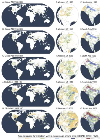 Figure 5. Spatial and temporal evolution of global area equipped for irrigation (AEI) for ﬁve time steps (1900, 1930, 1960, 1980, and 2005)based on the product AEI_HYDE_FINAL_IR of the historical irrigation data set (HID)