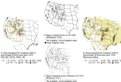 Figure 6. Comparison of the historical irrigation data set (HID) for year 1910 (developed using HYDE land cover, central estimate;AEI_HYDE_FINAL_IR) (a) with a map showing irrigated area in the western part of the USA in year 1909 (Whitbeck, 1919) (b), a map