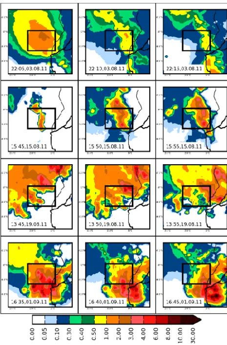 Figure 6. Spatio-temporal distribution of rapid-INCA precipitation(mm/5 min) in the region of the WegenerNet indicated by the blackrectangle (time is given in UTC).