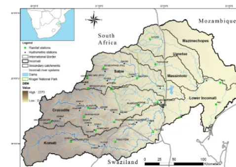 Figure 1. Map of the location of the study area, illustrating the mainsub-catchments, the hydrometric and rainfall stations analysed, andthe basin topography and dams.