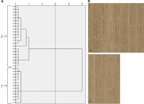 Fig. 9 a Dendrogram for the boards from the validation samplewithin log-sector class 3 (boards from log centre)
