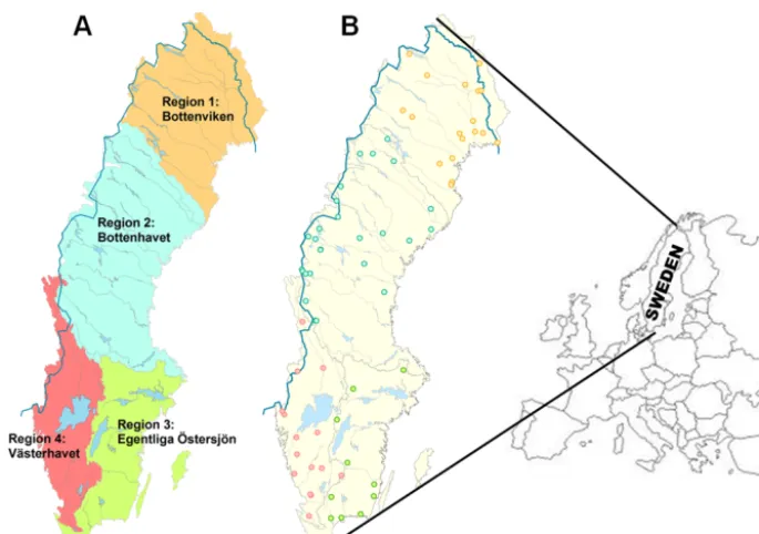 Figure 1. Maps showing (a) the four climate regions in Sweden and (b) the locations of the 69 gauges with long-term records from unregu-lated rivers.