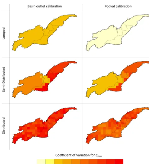 Figure 9. Coefﬁcient of variation (CV) of 50 optimal values ofCmax (parameter for the soil moisture accounting module in theHYMOD_DS) from the basin outlet calibrations (left panel) andthe pooled calibrations (right panel).