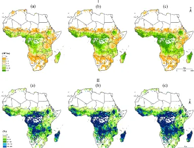 Figure 5. Average groundwater availability for irrigation (1960–2000), expressed in 10of environmental groundwater requirements as a fraction of recharge:6 m3 year−1 cell−1 (0.5◦ × 0.5◦), for various levels (a) Scenario 1: 70 %, (b) Scenario 2: 50 %, (c) Scenario 3: 30 %.