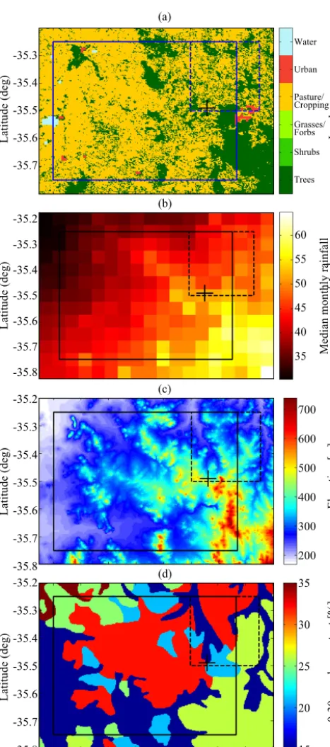 Figure 1. Spatial variability of land surface and rainfall overKyeamba Creek. The cross denotes the location of the K1 moni-toring station, and the dashed (solid) box is the pixel area of AMS(MER).