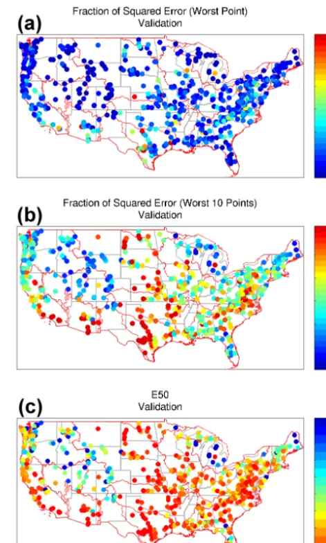 Figure 11. (a) Spatial distribution of the fractional contribution oftotal squared error for the largest day during the validation period,the (b) 10 largest error days, and (c) the number of days contributing50 % of the total objective function error, E50.