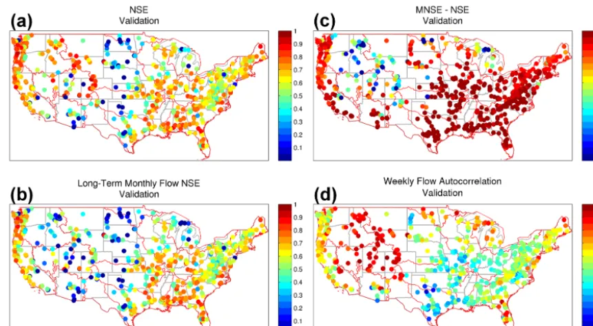 Figure 5. (a) Spatial distribution of NSE, (b) NSE using MNSEs rather than the long-term mean ﬂow, (c) MNSE – NSE for the validationperiod, and (d) weekly ﬂow autocorrelation.