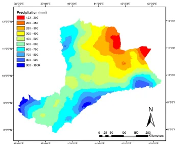 Figure 3. Spatial distribution of annual rainfall of the Awash Basin for the average rainfall year 2009 taken from FEWS Net (after Dost etal., 2013).