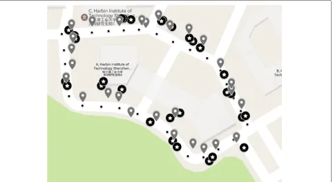 Fig. 6 Distribution of pre-calibrated points, GPS positioning results and our hybrid results, represented by black dots, gray icons, and black star icons,respectively